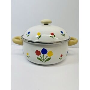VTG Tulip Tyme 4 Qt Pot W/Lid Enamelware JMP Marketing 1985 See Photos